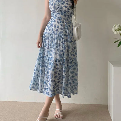 Sleeveless Strappy Floral Long Chiffon One-Piece / Beach Dress