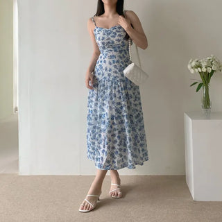 Sleeveless Strappy Floral Long Chiffon One-Piece / Beach Dress