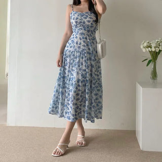 Sleeveless Strappy Floral Long Chiffon One-Piece / Beach Dress