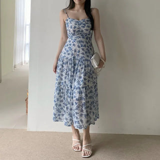 Sleeveless Strappy Floral Long Chiffon One-Piece / Beach Dress