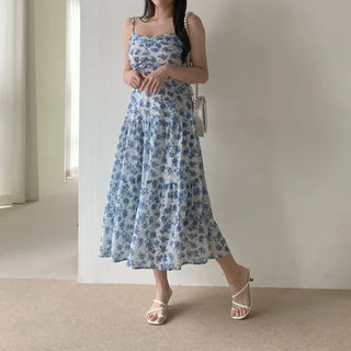 Sleeveless Strappy Floral Long Chiffon One-Piece / Beach Dress
