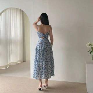 Sleeveless Strappy Floral Long Chiffon One-Piece / Beach Dress