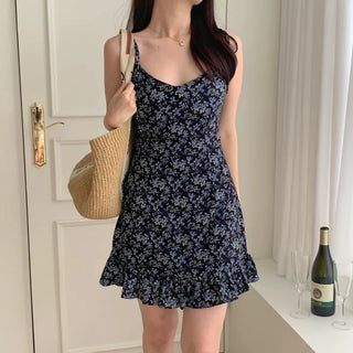 Strapless Sleeveless Frill Navy Chiffon One-Piece Dress