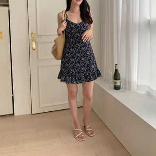 Strapless Sleeveless Frill Navy Chiffon One-Piece Dress