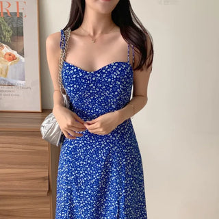 strapless sleeveless floral blue chiffon one-piece dress