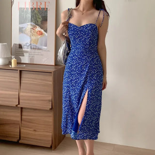 strapless sleeveless floral blue chiffon one-piece dress