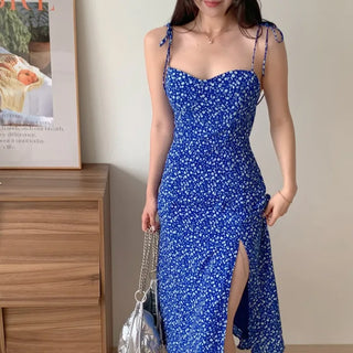 strapless sleeveless floral blue chiffon one-piece dress
