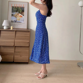 strapless sleeveless floral blue chiffon one-piece dress