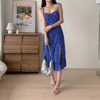 strapless sleeveless floral blue chiffon one-piece dress