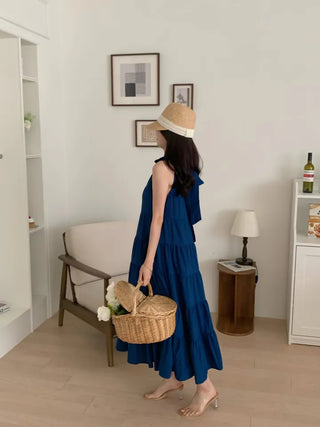 sleeveless halter neck cancan tiered blue one-piece