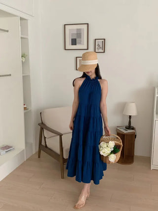sleeveless halter neck cancan tiered blue one-piece