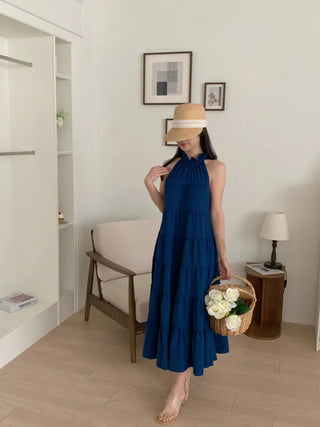 sleeveless halter neck cancan tiered blue one-piece
