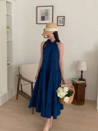 sleeveless halter neck cancan tiered blue one-piece