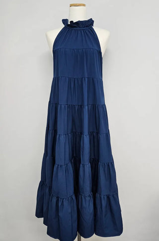 sleeveless halter neck cancan tiered blue one-piece