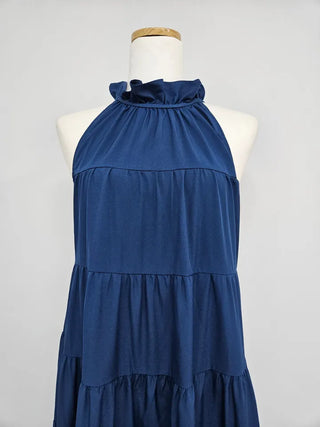 sleeveless halter neck cancan tiered blue one-piece