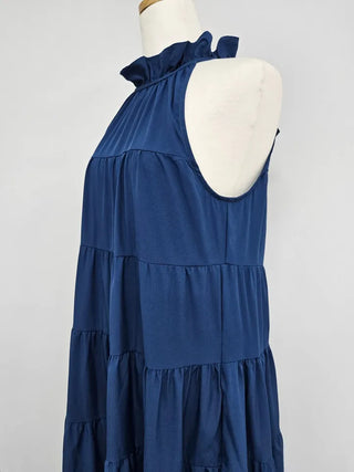 sleeveless halter neck cancan tiered blue one-piece