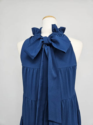 sleeveless halter neck cancan tiered blue one-piece