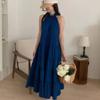 sleeveless halter neck cancan tiered blue one-piece