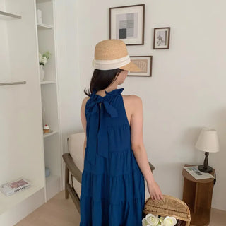 sleeveless halter neck cancan tiered blue one-piece