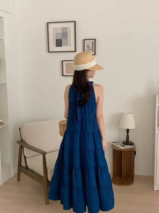 sleeveless halter neck cancan tiered blue one-piece