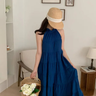 sleeveless halter neck cancan tiered blue one-piece