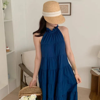 sleeveless halter neck cancan tiered blue one-piece
