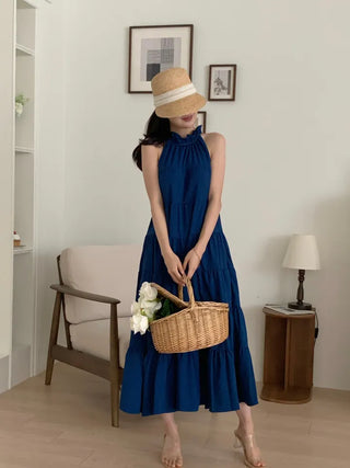 sleeveless halter neck cancan tiered blue one-piece