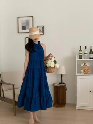 sleeveless halter neck cancan tiered blue one-piece