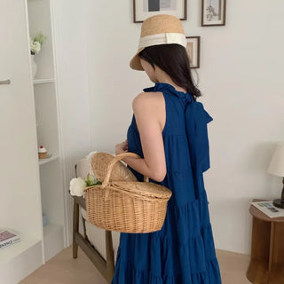 sleeveless halter neck cancan tiered blue one-piece