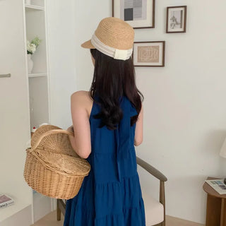 sleeveless halter neck cancan tiered blue one-piece