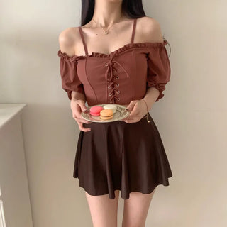 pink and brown color-block corset strapless off-shoulder three-piece swimsuit