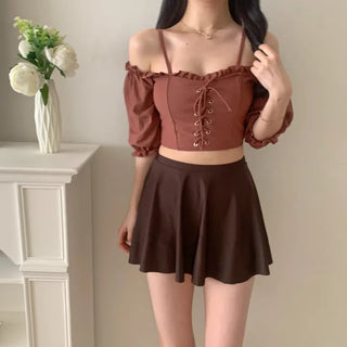pink and brown color-block corset strapless off-shoulder three-piece swimsuit