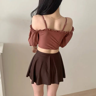 pink and brown color-block corset strapless off-shoulder three-piece swimsuit