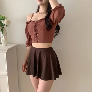 pink and brown color-block corset strapless off-shoulder three-piece swimsuit