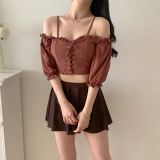 pink and brown color-block corset strapless off-shoulder three-piece swimsuit