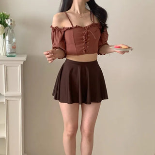 pink and brown color-block corset strapless off-shoulder three-piece swimsuit