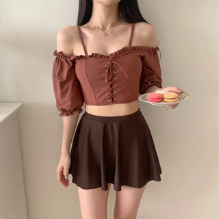 pink and brown color-block corset strapless off-shoulder three-piece swimsuit
