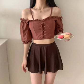 pink and brown color-block corset strapless off-shoulder three-piece swimsuit