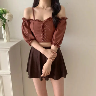 pink and brown color-block corset strapless off-shoulder three-piece swimsuit