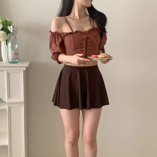 pink and brown color-block corset strapless off-shoulder three-piece swimsuit