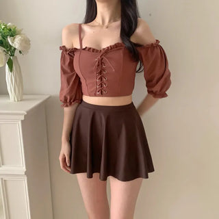 pink and brown color-block corset strapless off-shoulder three-piece swimsuit