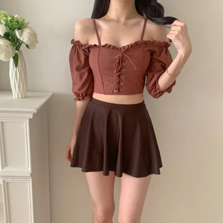 pink and brown color-block corset strapless off-shoulder three-piece swimsuit