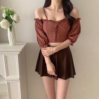 pink and brown color-block corset strapless off-shoulder three-piece swimsuit