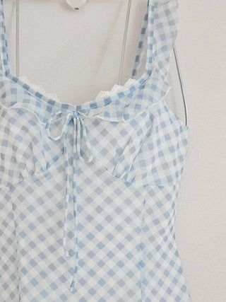 🩵 Pastel blue check banding frill slip ribbon lace nasi sleeveless A-line resort mini dress