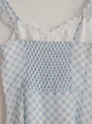 🩵 Pastel blue check banding frill slip ribbon lace nasi sleeveless A-line resort mini dress