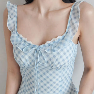 🩵 Pastel blue check banding frill slip ribbon lace nasi sleeveless A-line resort mini dress