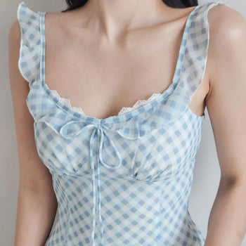 🩵 Pastel blue check banding frill slip ribbon lace nasi sleeveless A-line resort mini dress