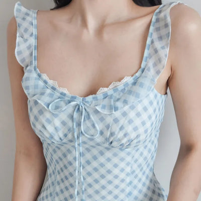 🩵 Pastel blue check banding frill slip ribbon lace nasi sleeveless A-line resort mini dress