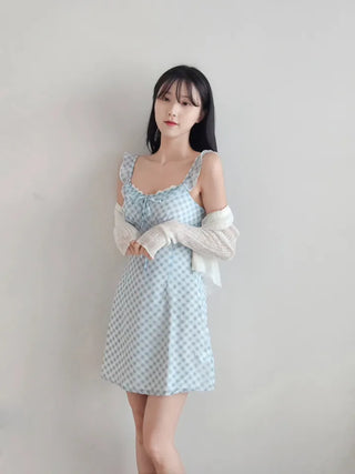🩵 Pastel blue check banding frill slip ribbon lace nasi sleeveless A-line resort mini dress