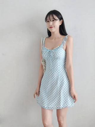 🩵 Pastel blue check banding frill slip ribbon lace nasi sleeveless A-line resort mini dress